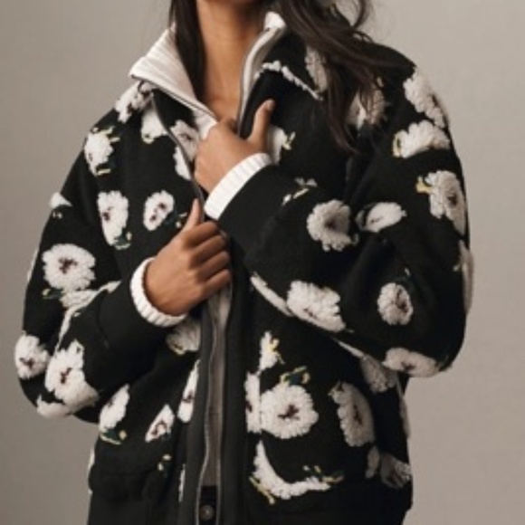 NWT By Anthropologie Floral Sherpa Fleece Bomber Jacket - Picture 1 of 6